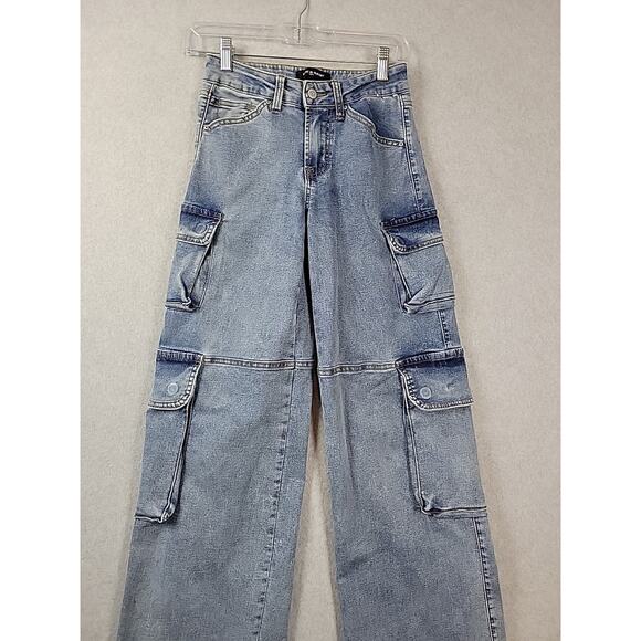 Fire & Rain Blue Denim Wide Leg Cargo Jeans Junior Women's 1 Stretch - Picture 2 of 13